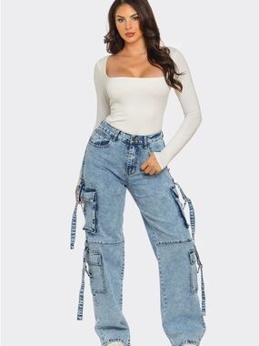 High-Waist Light Blue Cargo Jeans for Women